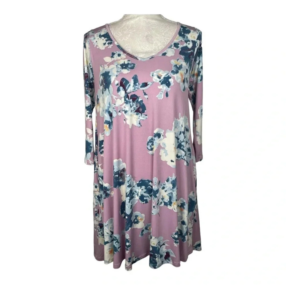 M t s Pink swing tunic dress with blue and white‎ roses